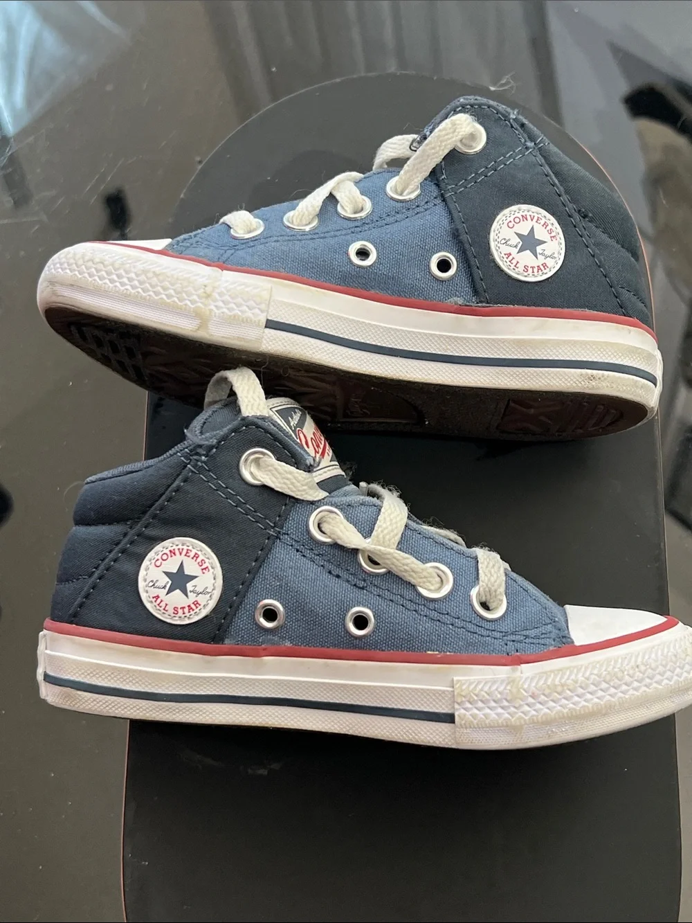 Converse Low-Top Sneakers in Blue, Black and White with Red Trim